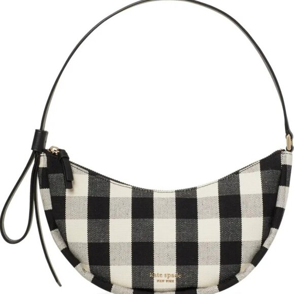 Kate Spade Smile Shoulder Bag Black Gingham Small Leather Fabric Zip Top White - Picture 10 of 10